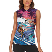 Hawaiian Mele Kalikimaka Women Sleeveless Polo Shirt Santa Claus Driving The Whale with Sunset Ocean Landscape LT03 - Polynesian Pride