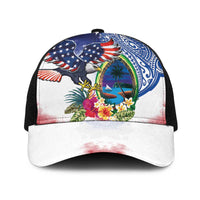 Guam and United States Together Baseball Net Cap Bald Eagle and Guam Seal with Flower and Tribal Tattoos - Polynesian Pride