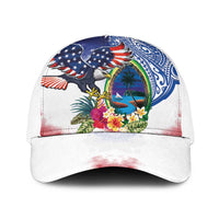 Guam and United States Together Baseball Net Cap Bald Eagle and Guam Seal with Flower and Tribal Tattoos - Polynesian Pride