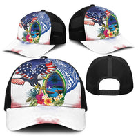 Guam and United States Together Baseball Net Cap Bald Eagle and Guam Seal with Flower and Tribal Tattoos LT03 - Polynesian Pride