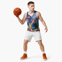 Guam and United States Together Basketball Jersey Bald Eagle and Guam Seal with Flower and Tribal Tattoos - Polynesian Pride