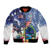 Guam and United States Together Bomber Jacket Bald Eagle and Guam Seal with Flower and Tribal Tattoos - Polynesian Pride