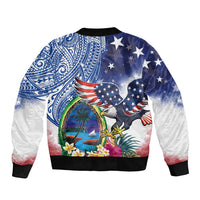 Guam and United States Together Bomber Jacket Bald Eagle and Guam Seal with Flower and Tribal Tattoos - Polynesian Pride