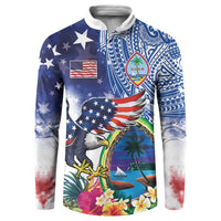 Guam and United States Together Button Sweatshirt Bald Eagle and Guam Seal with Flower and Tribal Tattoos - Polynesian Pride