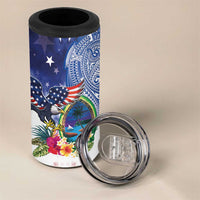 Guam and United States Together 4 in 1 Can Cooler Tumbler Bald Eagle and Guam Seal with Flower and Tribal Tattoos - Polynesian Pride