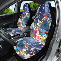 Guam and United States Together Car Seat Cover Bald Eagle and Guam Seal with Flower and Tribal Tattoos - Polynesian Pride
