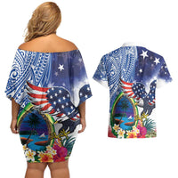 Guam and United States Together Couples Matching Off Shoulder Short Dress and Hawaiian Shirt Bald Eagle and Guam Seal with Flower and Tribal Tattoos - Polynesian Pride
