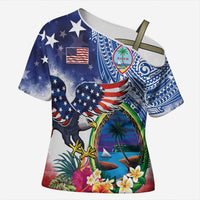 Guam and United States Together Cross Shoulder Shirt Bald Eagle and Guam Seal with Flower and Tribal Tattoos - Polynesian Pride