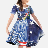Guam and United States Together Family Matching Long Sleeve Bodycon Dress and Hawaiian Shirt Bald Eagle and Guam Seal with Flower and Tribal Tattoos LT03 Daughter's Dress Multicolor - Polynesian Pride