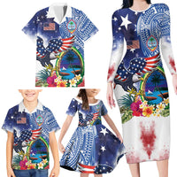 Guam and United States Together Family Matching Long Sleeve Bodycon Dress and Hawaiian Shirt Bald Eagle and Guam Seal with Flower and Tribal Tattoos LT03 - Polynesian Pride
