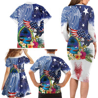 Guam and United States Together Family Matching Long Sleeve Bodycon Dress and Hawaiian Shirt Bald Eagle and Guam Seal with Flower and Tribal Tattoos - Polynesian Pride