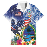 Guam and United States Together Family Matching Long Sleeve Bodycon Dress and Hawaiian Shirt Bald Eagle and Guam Seal with Flower and Tribal Tattoos LT03 Dad's Shirt - Short Sleeve Multicolor - Polynesian Pride