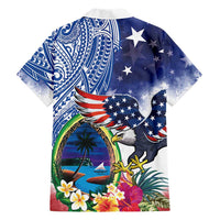 Guam and United States Together Family Matching Long Sleeve Bodycon Dress and Hawaiian Shirt Bald Eagle and Guam Seal with Flower and Tribal Tattoos LT03 - Polynesian Pride
