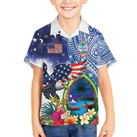Guam and United States Together Family Matching Off The Shoulder Long Sleeve Dress and Hawaiian Shirt Bald Eagle and Guam Seal with Flower and Tribal Tattoos - Polynesian Pride