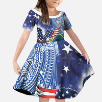 Guam and United States Together Family Matching Off Shoulder Maxi Dress and Hawaiian Shirt Bald Eagle and Guam Seal with Flower and Tribal Tattoos LT03 Daughter's Dress Multicolor - Polynesian Pride