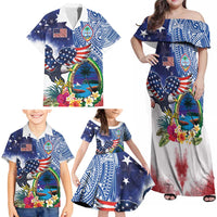 Guam and United States Together Family Matching Off Shoulder Maxi Dress and Hawaiian Shirt Bald Eagle and Guam Seal with Flower and Tribal Tattoos - Polynesian Pride
