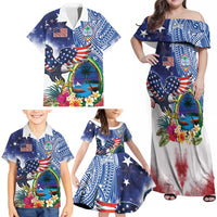 Guam and United States Together Family Matching Off Shoulder Maxi Dress and Hawaiian Shirt Bald Eagle and Guam Seal with Flower and Tribal Tattoos LT03 - Polynesian Pride