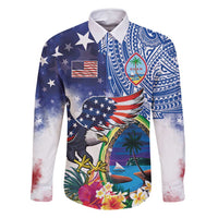 Guam and United States Together Family Matching Off Shoulder Maxi Dress and Hawaiian Shirt Bald Eagle and Guam Seal with Flower and Tribal Tattoos LT03 Dad's Shirt - Long Sleeve Multicolor - Polynesian Pride