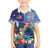 Guam and United States Together Family Matching Off Shoulder Short Dress and Hawaiian Shirt Bald Eagle and Guam Seal with Flower and Tribal Tattoos LT03 Son's Shirt Multicolor - Polynesian Pride