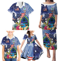 Guam and United States Together Family Matching Puletasi and Hawaiian Shirt Bald Eagle and Guam Seal with Flower and Tribal Tattoos LT03 - Polynesian Pride