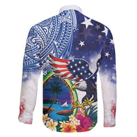 Guam and United States Together Family Matching Short Sleeve Bodycon Dress and Hawaiian Shirt Bald Eagle and Guam Seal with Flower and Tribal Tattoos - Polynesian Pride