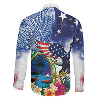 Guam and United States Together Family Matching Short Sleeve Bodycon Dress and Hawaiian Shirt Bald Eagle and Guam Seal with Flower and Tribal Tattoos LT03 - Polynesian Pride