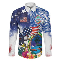 Guam and United States Together Family Matching Summer Maxi Dress and Hawaiian Shirt Bald Eagle and Guam Seal with Flower and Tribal Tattoos LT03 Dad's Shirt - Long Sleeve Multicolor - Polynesian Pride