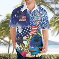 Guam and United States Together Hawaiian Shirt Bald Eagle and Guam Seal with Flower and Tribal Tattoos - Polynesian Pride