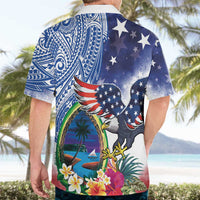 Guam and United States Together Hawaiian Shirt Bald Eagle and Guam Seal with Flower and Tribal Tattoos - Polynesian Pride