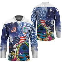 Guam and United States Together Hockey Jersey Bald Eagle and Guam Seal with Flower and Tribal Tattoos - Polynesian Pride