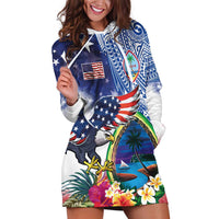 Guam and United States Together Hoodie Dress Bald Eagle and Guam Seal with Flower and Tribal Tattoos - Polynesian Pride