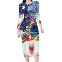 Guam and United States Together Long Sleeve Bodycon Dress Bald Eagle and Guam Seal with Flower and Tribal Tattoos - Polynesian Pride