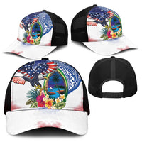 Guam and United States Together Mesh Trucker Cap Bald Eagle and Guam Seal with Flower and Tribal Tattoos - Polynesian Pride