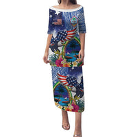 Guam and United States Together Puletasi Bald Eagle and Guam Seal with Flower and Tribal Tattoos LT03 Long Dress Multicolor - Polynesian Pride