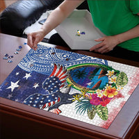Guam and United States Together Puzzle Bald Eagle and Guam Seal with Flower and Tribal Tattoos - Polynesian Pride