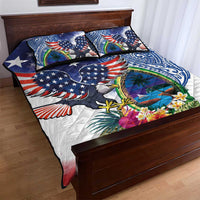 Guam and United States Together Quilt Bed Set Bald Eagle and Guam Seal with Flower and Tribal Tattoos - Polynesian Pride
