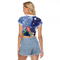 Guam and United States Together Raglan Cropped T Shirt Bald Eagle and Guam Seal with Flower and Tribal Tattoos - Polynesian Pride