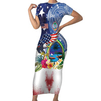 Guam and United States Together Short Sleeve Bodycon Dress Bald Eagle and Guam Seal with Flower and Tribal Tattoos LT03 Long Dress Multicolor - Polynesian Pride