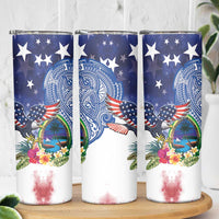 Guam and United States Together Skinny Tumbler Bald Eagle and Guam Seal with Flower and Tribal Tattoos - Polynesian Pride