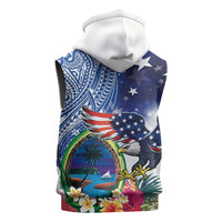 Guam and United States Together Sleeveless Hoodie Bald Eagle and Guam Seal with Flower and Tribal Tattoos - Polynesian Pride