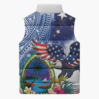 Guam and United States Together Sleeveless Puffer Jacket Bald Eagle and Guam Seal with Flower and Tribal Tattoos - Polynesian Pride