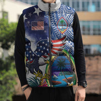 Guam and United States Together Sleeveless Puffer Jacket Bald Eagle and Guam Seal with Flower and Tribal Tattoos - Polynesian Pride