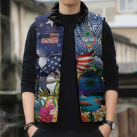 Guam and United States Together Sleeveless Puffer Jacket Bald Eagle and Guam Seal with Flower and Tribal Tattoos - Polynesian Pride