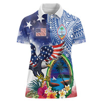 Guam and United States Together Women Polo Shirt Bald Eagle and Guam Seal with Flower and Tribal Tattoos LT03 Female Multicolor - Polynesian Pride