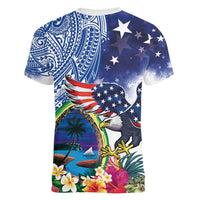Guam and United States Together Women V-Neck T-Shirt Bald Eagle and Guam Seal with Flower and Tribal Tattoos - Polynesian Pride
