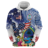 Guam and United States Together Zip Hoodie Bald Eagle and Guam Seal with Flower and Tribal Tattoos - Polynesian Pride