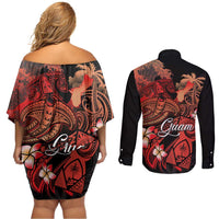 Guam Tribal Chamorro Couples Matching Off Shoulder Short Dress and Long Sleeve Button Shirt Polynesian Shark with Plumeria and Sea Vibe - Polynesian Pride