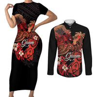 Guam Tribal Chamorro Couples Matching Short Sleeve Bodycon Dress and Long Sleeve Button Shirt Polynesian Shark with Plumeria and Sea Vibe - Polynesian Pride