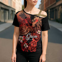 Guam Tribal Chamorro Cross Shoulder Shirt Polynesian Shark with Plumeria and Sea Vibe - Polynesian Pride