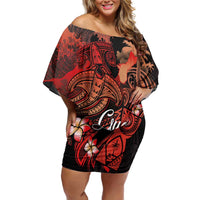 Guam Tribal Chamorro Family Matching Off Shoulder Short Dress and Hawaiian Shirt Polynesian Shark with Plumeria and Sea Vibe LT03 Mom's Dress Black - Polynesian Pride